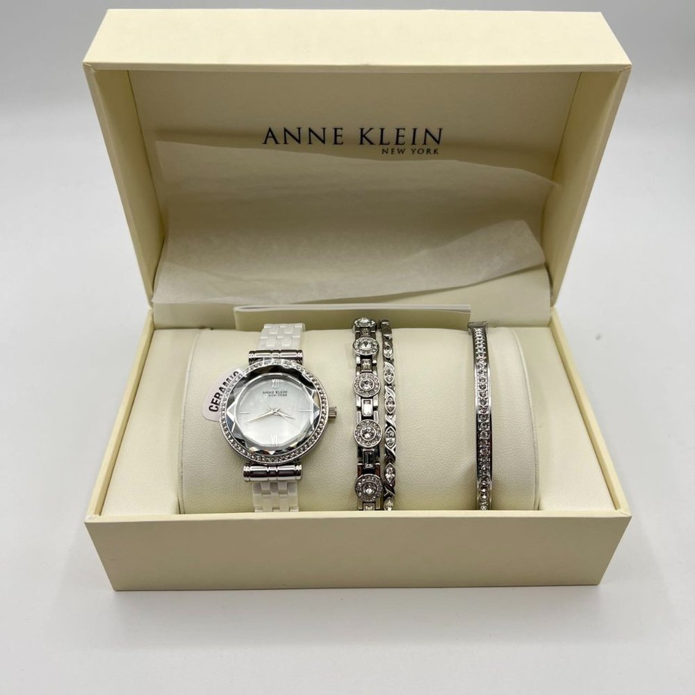 Anne Klein 12/2317WTST Stainless Silver Crystals Ceramic Women Watch Set NEW